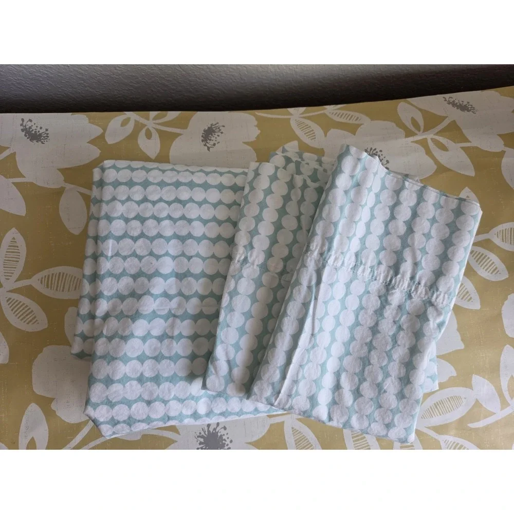 Marimekko King Flat Sheet & 2 King Pillowcases Green White Dot Modern
